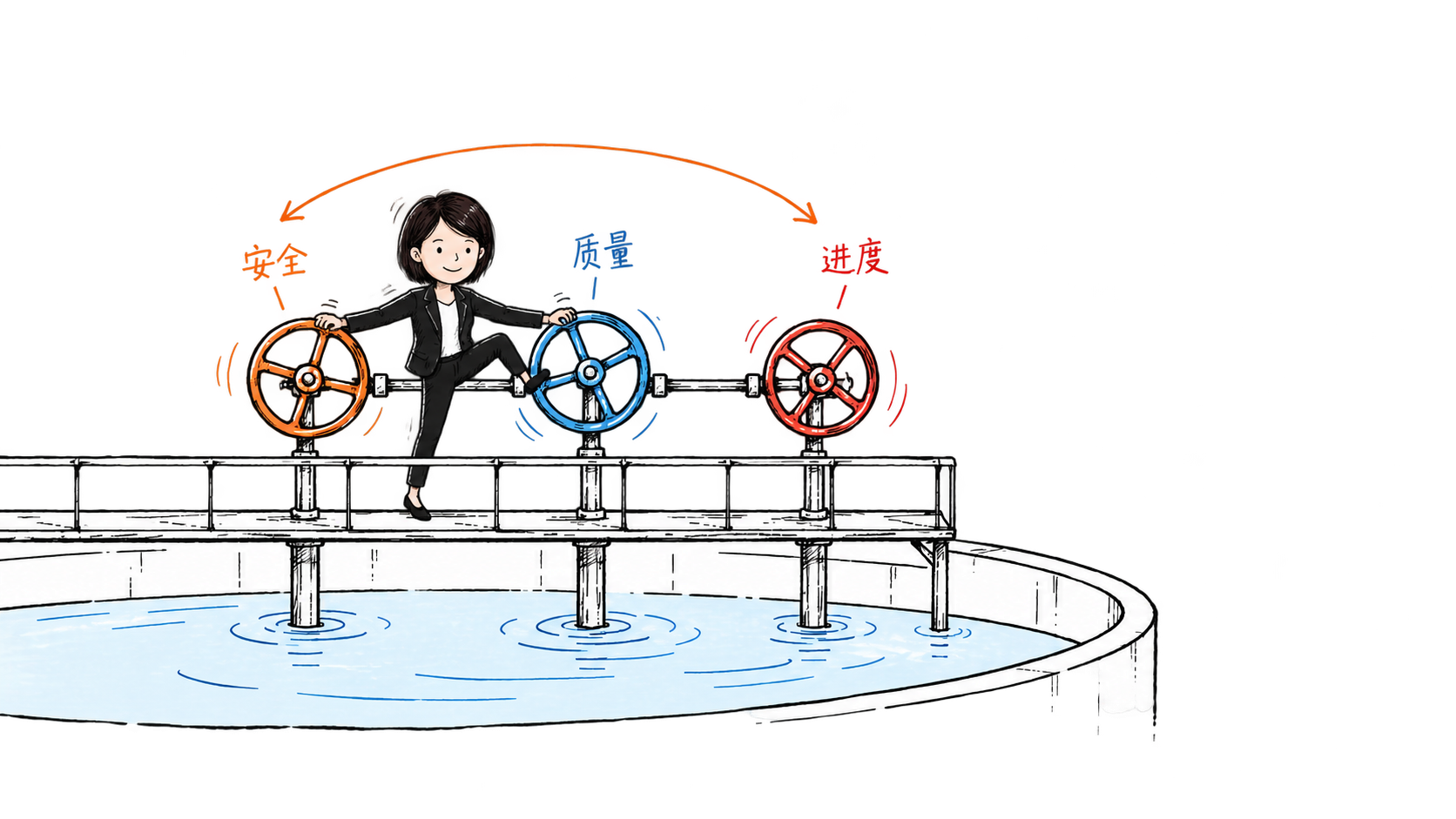 短发西装角色协调安全、质量与进度三个手轮的概念配图