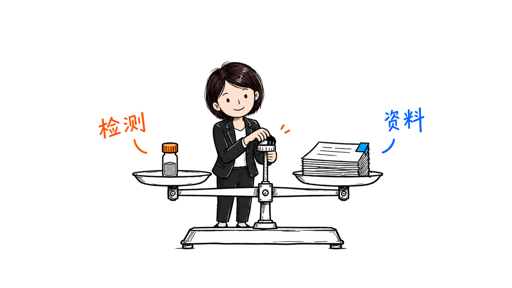 短发西装角色平衡检测样品和资料档案的概念配图