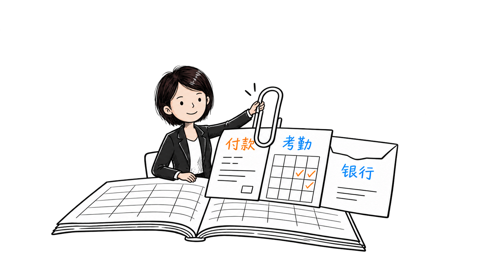 短发西装角色整理付款、考勤和银行文件的概念配图
